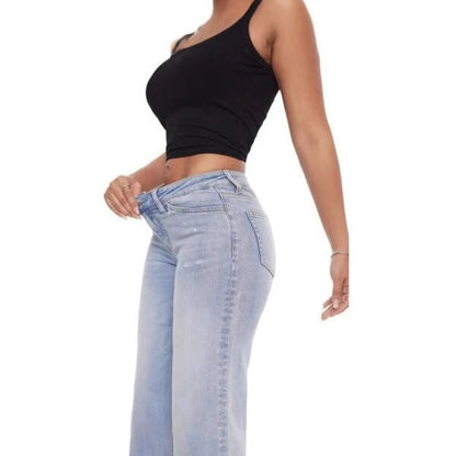 Mid-low Rise Baggy Jeans Stretchy Wide Leg for Women Distressed Pants