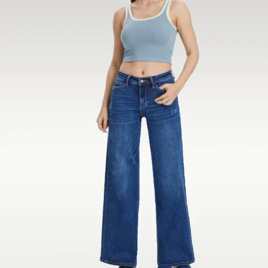Mid-low Rise Baggy Jeans Stretchy Wide Leg for Women Distressed Pants