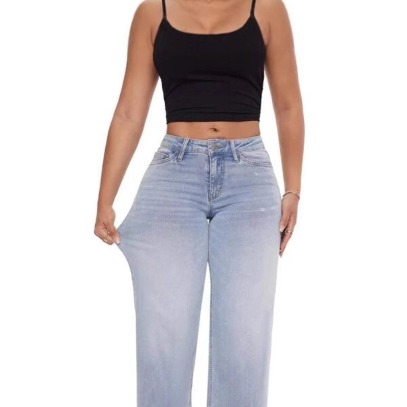 Mid-low Rise Baggy Jeans Stretchy Wide Leg for Women Distressed Pants