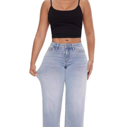 Mid-low Rise Baggy Jeans Stretchy Wide Leg for Women Distressed Pants