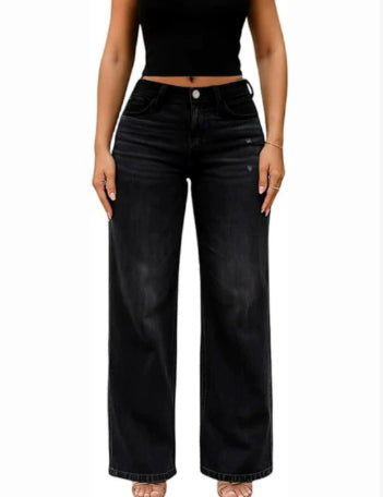 Mid-low Rise Baggy Jeans Stretchy Wide Leg for Women Distressed Pants